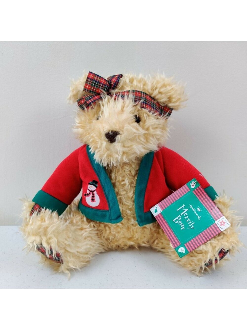 Hallmark Plush Merrily Curly Christmas Bear 10" Red & Green Jacket Plaid Paws Bo